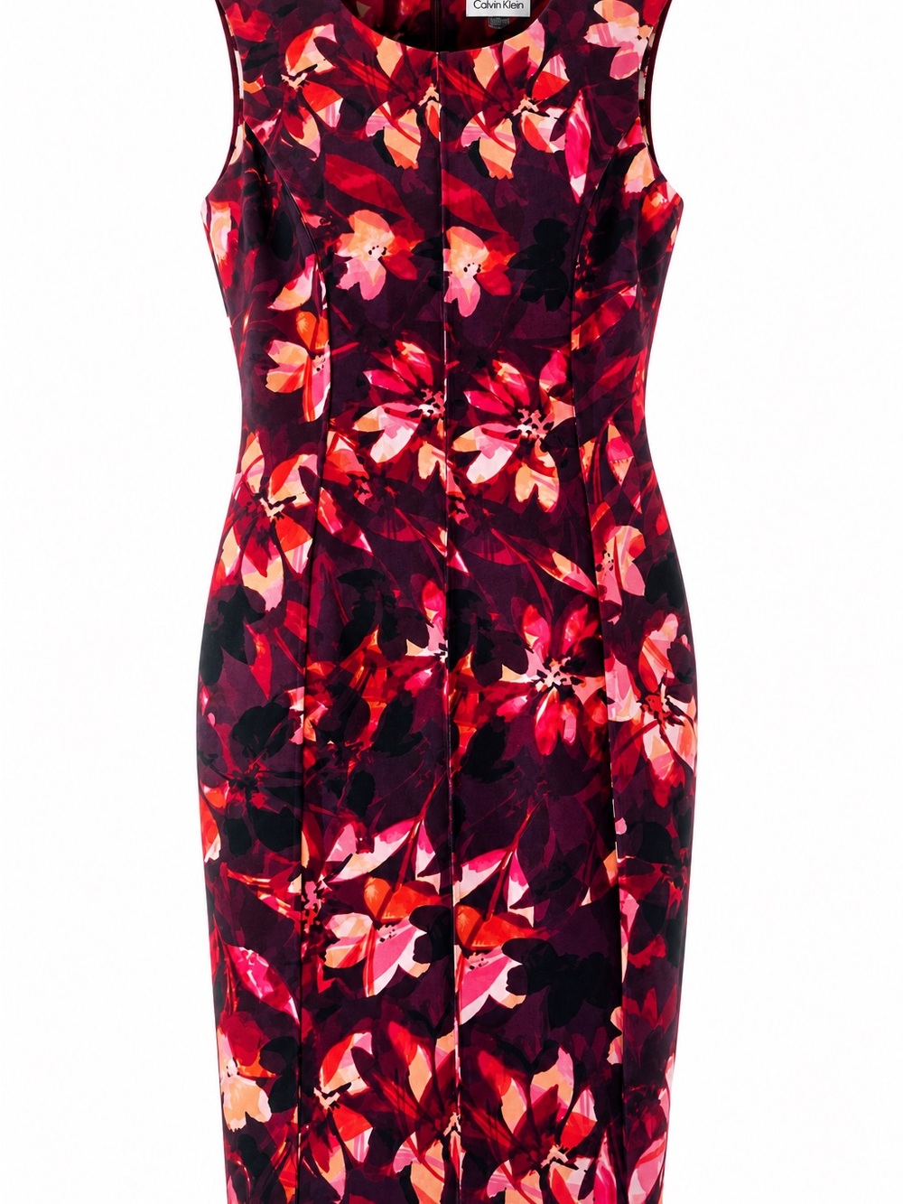Calvin Klein Sleeveless Floral Sheath Dress in Burgundy, Red, Pink, and Black